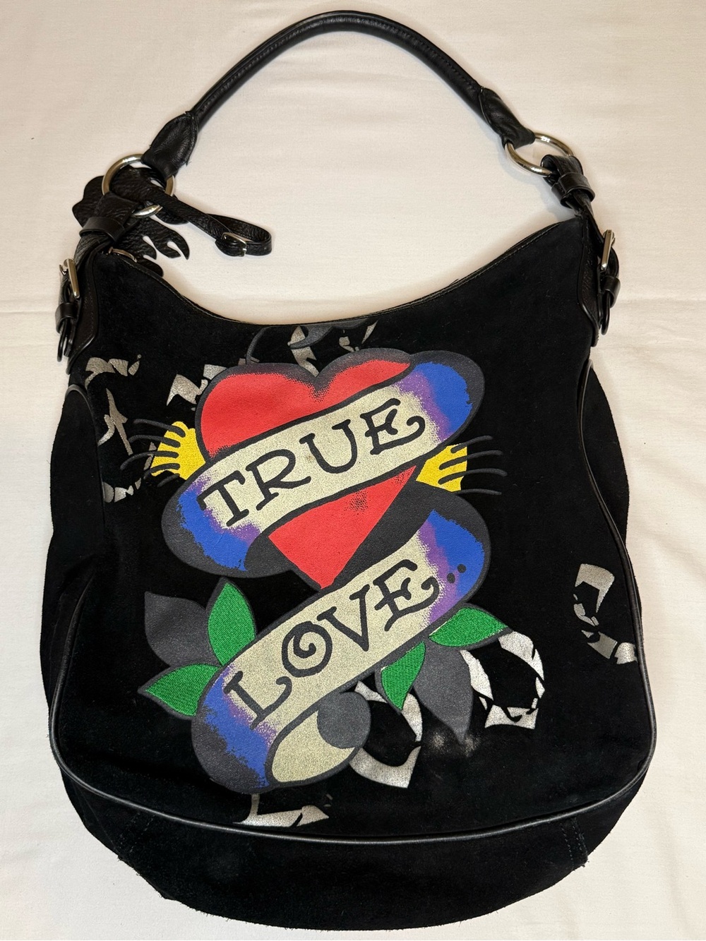 Ed Hardy Black Suede Hobo Bag True Love/Skulls Tattoo Art